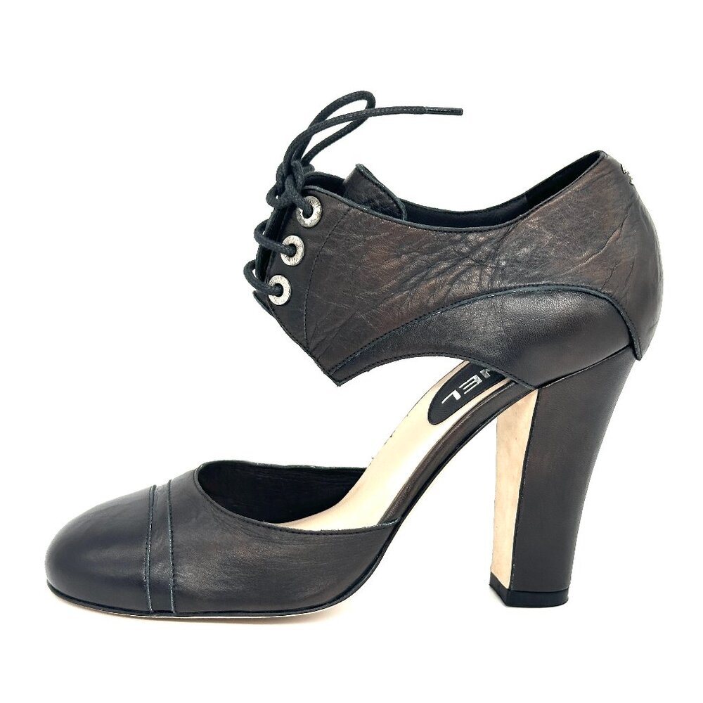 CHANEL 12C Cinema Lace Up Leather D'Orsay Pumps Sandals Shoes Heels Black - Picture 1 of 16